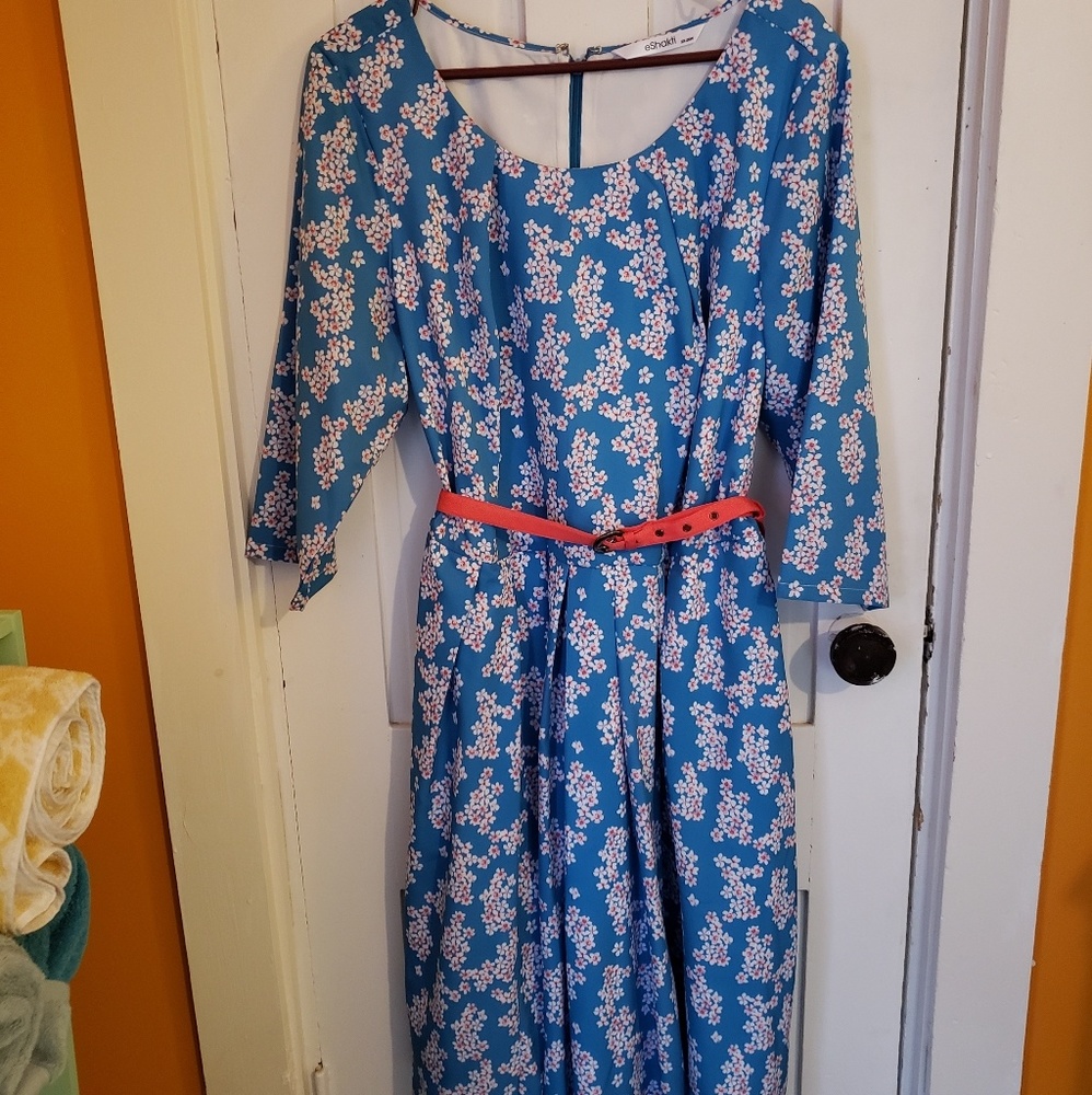 Blue floral EShakti dress w/belt
